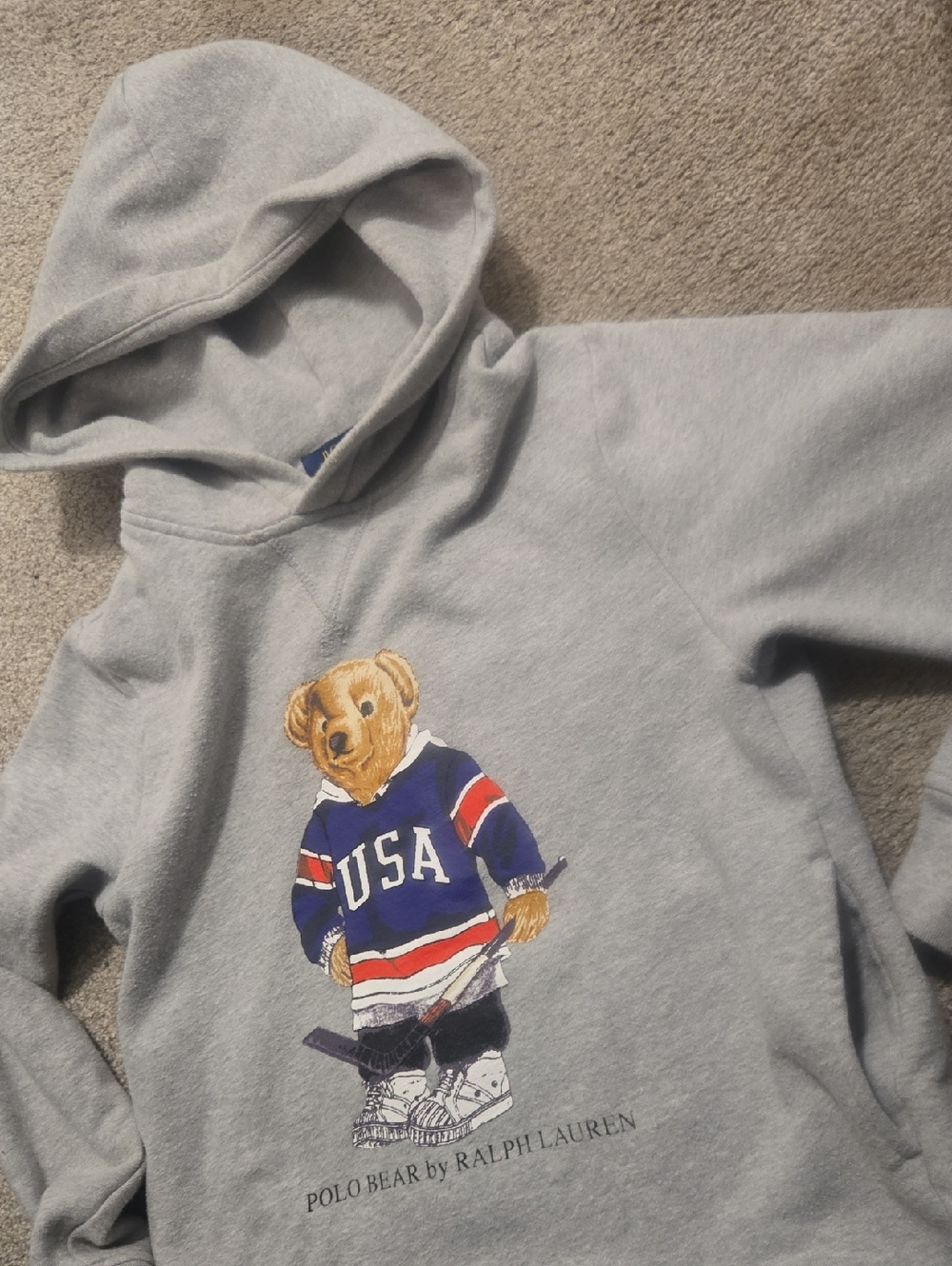 Ralph Lauren Light Gray Hoodie with Polo Bear USA Graphic